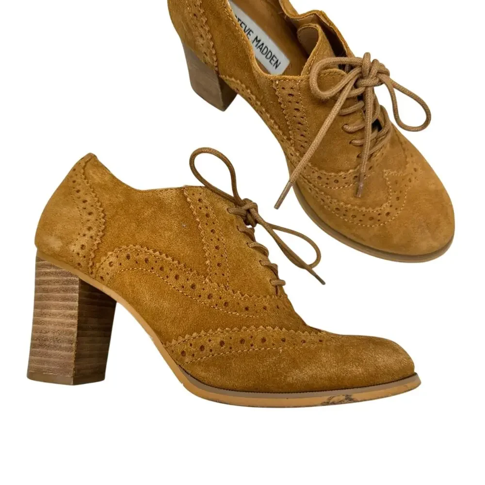 Steve Madden Tan Leather Oxford Lace Up Boots Women’s 6.5 Stacked Heel Booties
